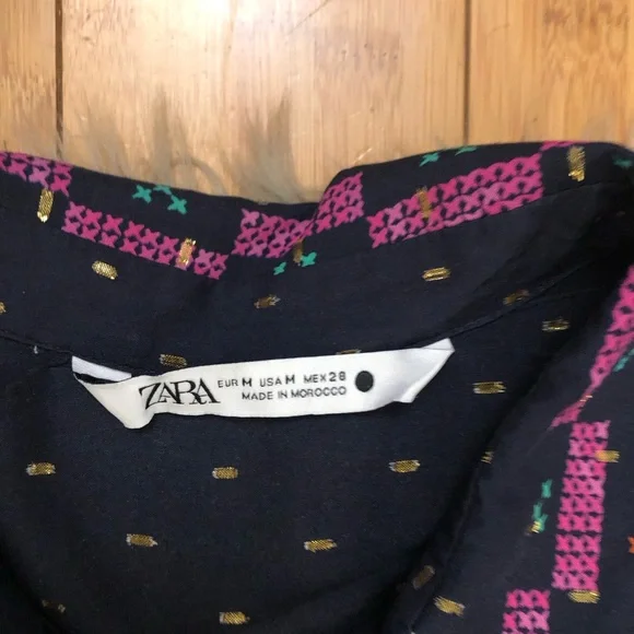 Zara Actez Tribal Geometric Metallic Long Sleeves Colorful Navy Shirtdress M - Picture 3 of 15